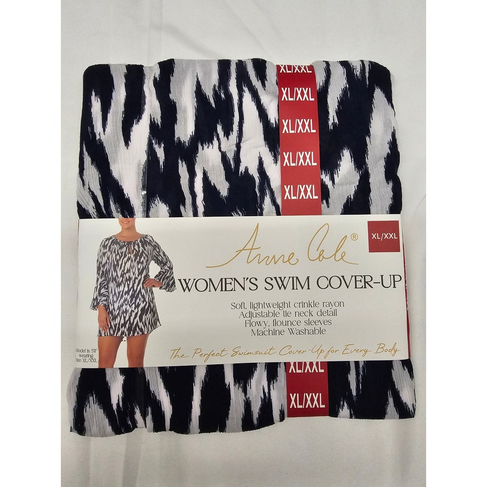 Anne Cole Womens Swim Cover-Up Black White Crinkle Rayon XL/XXL Ikat Print New